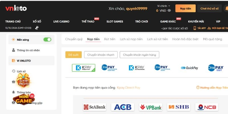 Các quy định khi nạp tiền Vnloto
